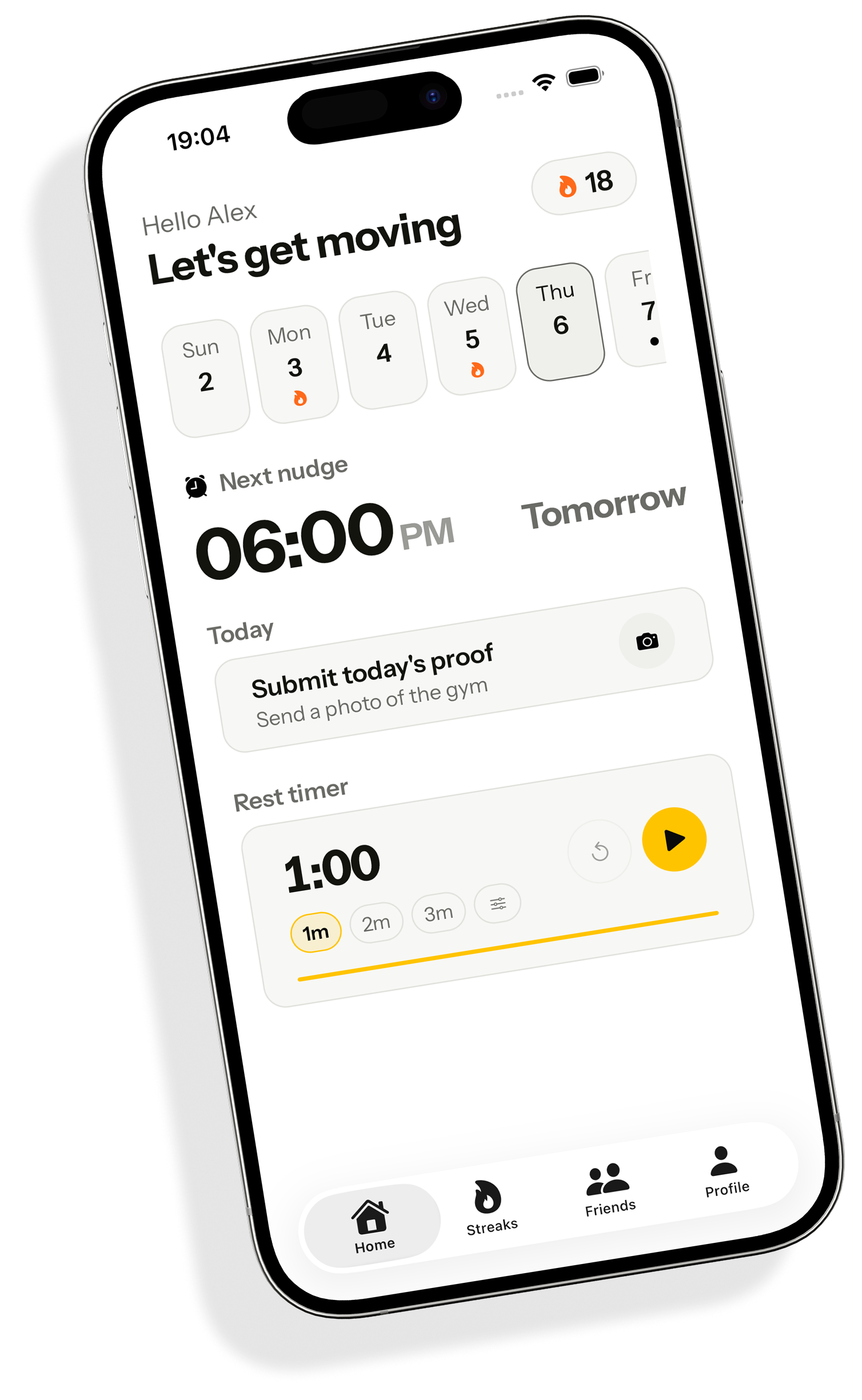 The FitBound home screen, showing the week, the next alarm at 6:00 PM, and a prompt to submit today's proof.