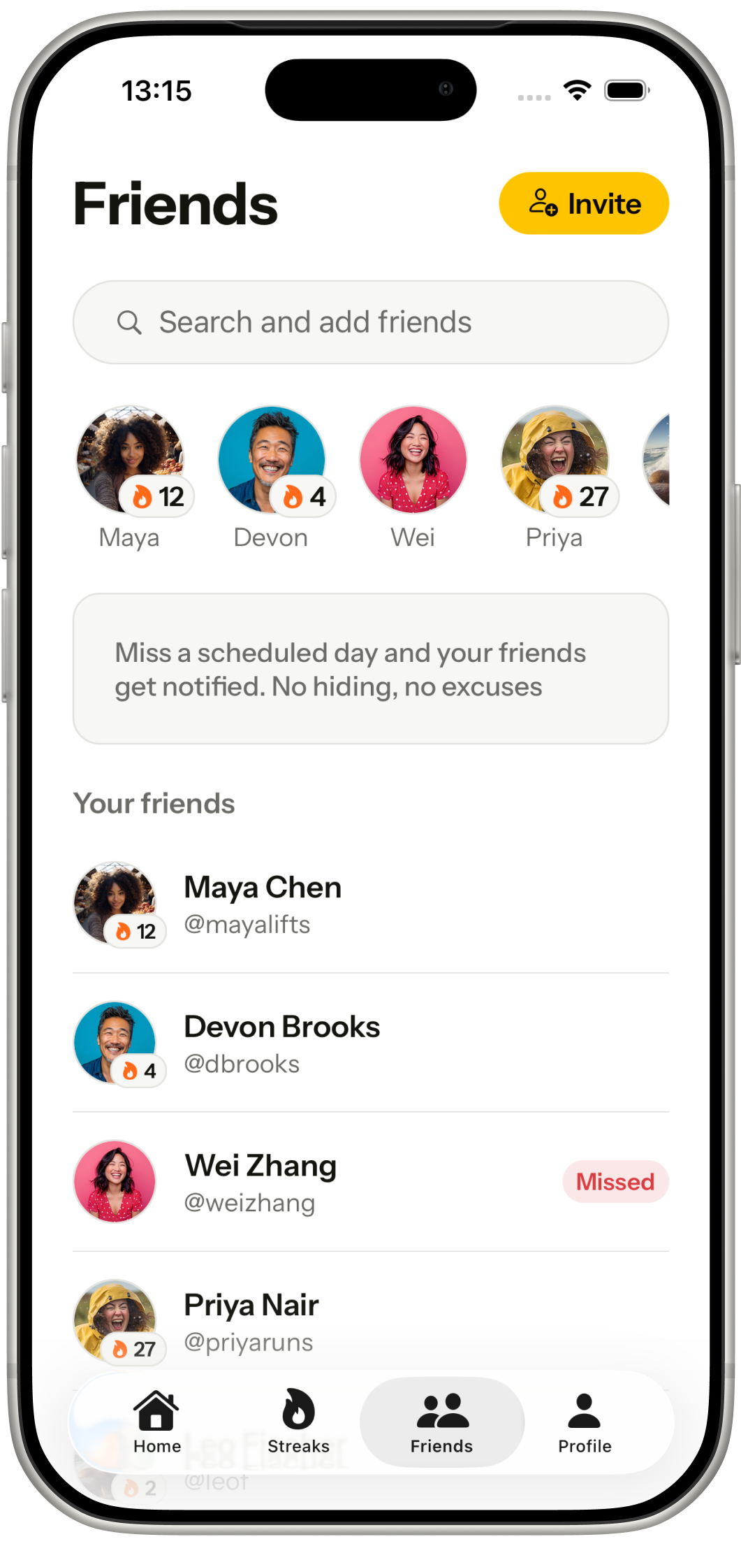 The FitBound friends screen, listing friends with their streaks and a Missed label beside one of them.